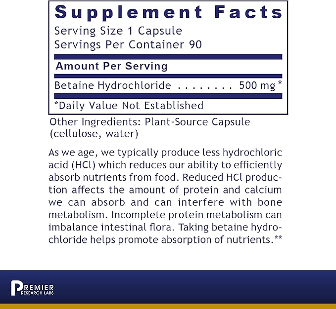 Premier Research Labs Premier HCL - Betaine HCL Betaine Hydrochloride Supplement for Optimal Digestive Function Nutrient Absorption Betaine-HCL for Low Stomach Acid- 90 Vegetarian Capsules