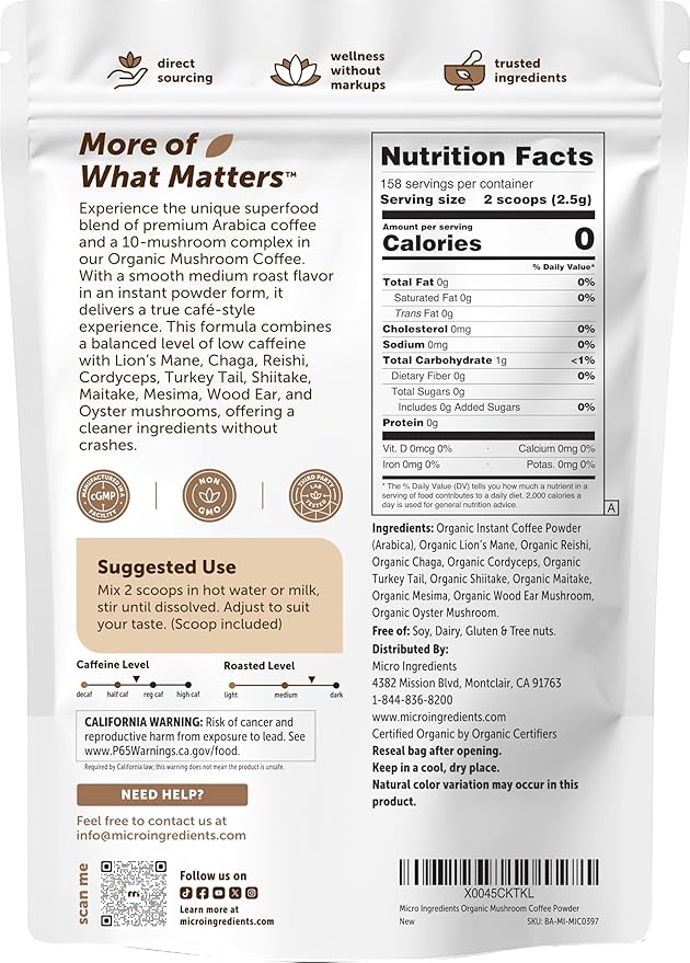 Organic Instant Mushroom Coffee 14 oz | Medium Roast Arabica | 10-Mushroom Blend with Lion’s Mane Reishi Chaga &amp More | Certified Organic | Gluten Dairy Soy &amp Tree Nut Free