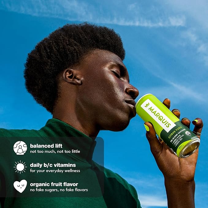 Marquis Natural Energy Drinks Sugar Free Zero Calories - 100mg Organic Plant Based Caffeine Yerba Mate Green Tea &amp Green Coffee - Vitamin C &amp Bs - Citrus Yuzu Healthy Energy Drink - 12oz Cans