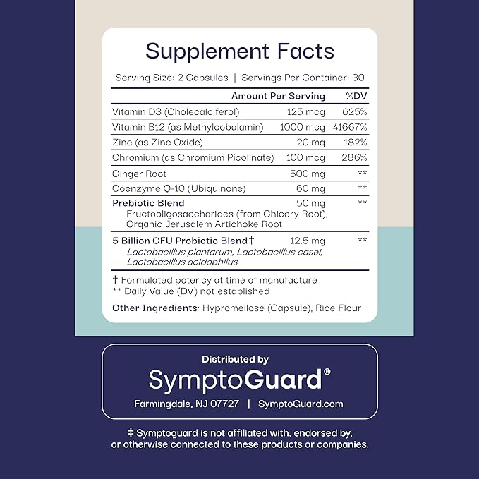 Natural GLP-1 Supplement Support Vitamin for Digestive Comfort and Energy Levels with Pre and Probiotics Vitamin D3/B12 Chromium and Ginger Root – 60 Capsules (30 Day Supply)