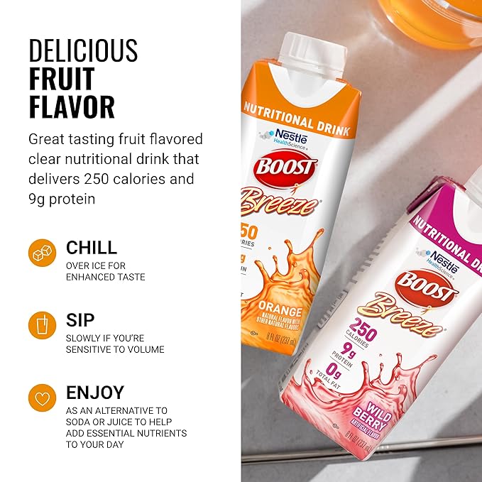 Boost Breeze Clear Nutritional Drink 9g Protein 250 Nutrient-Rich Calories 2 Flavor Variety Case (Orange + Wildberry) 8 Fl Oz (Pack of 24)