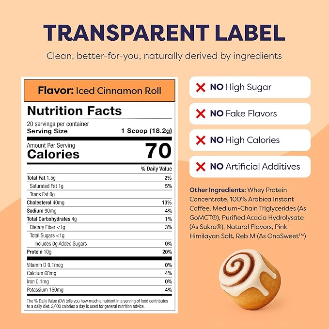 Iced Cinnamon Roll Protein Iced Coffee - Premium Whey Protein &amp Instant Iced Coffees - 100% Natural Cold Brew - Zero Artificial Flavors &amp Sweeteners 80 mg Caffeine No Added Sugar 20 Serving