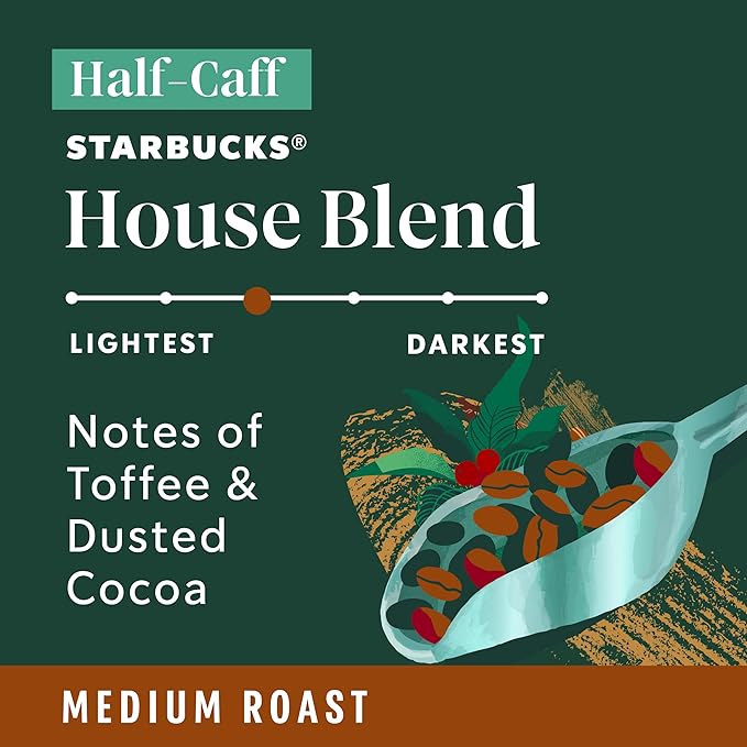 Starbucks K-Cup Coffee Pods Medium Roast Hot or Iced Coffee Half-Caff House Blend 60 Keurig Pods
