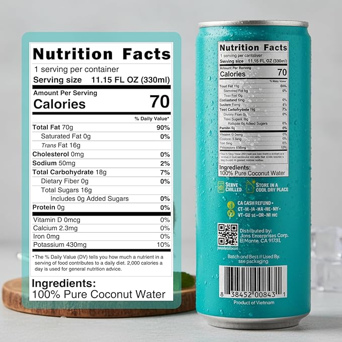 Jans 100% Coconut Water No Added Sugar 11.15oz (Pack of 12) Pure Coconut Refreshment Vegan Gluten-Free Hydration with Electrolytes