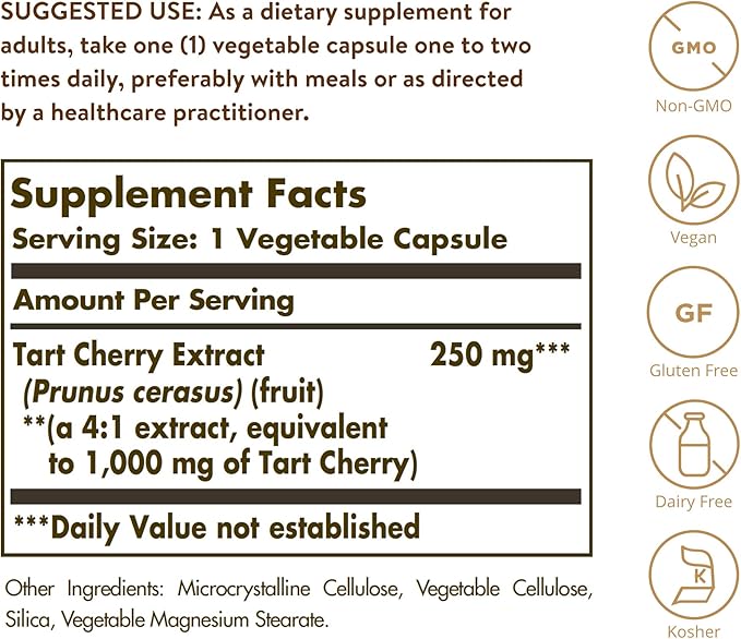 Solgar Tart Cherry 1000 mg 90 Vegetable Capsules - Antioxidant with Quercetin Chlorogenic Acid &amp Anthocyanins Compounds - Non-GMO Vegan Gluten Free Dairy Free - 90 Servings