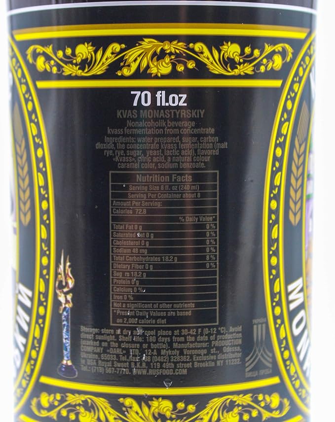 Russian Kvass Monastirsky Classic Soft Drink Ukraine 2L (67.6 Fl Oz) Pack Of 6