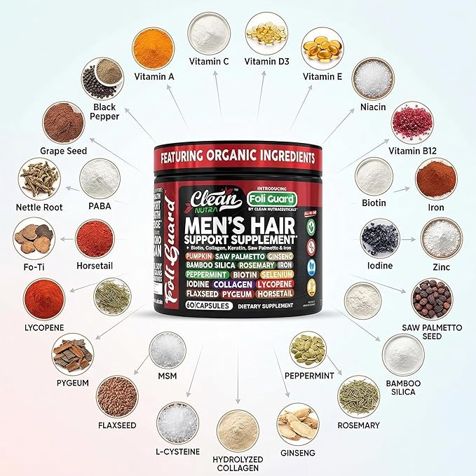Hair Growth Supplement For Men | Biotin Hair Vitamins Collagen Pumpkin Seed Saw Palmetto Iron Ginseng Bamboo Silica Rosemary Peppermint Keratin Selenium Iodine Flaxseed Horsetail Vitamin A C D3 E B12