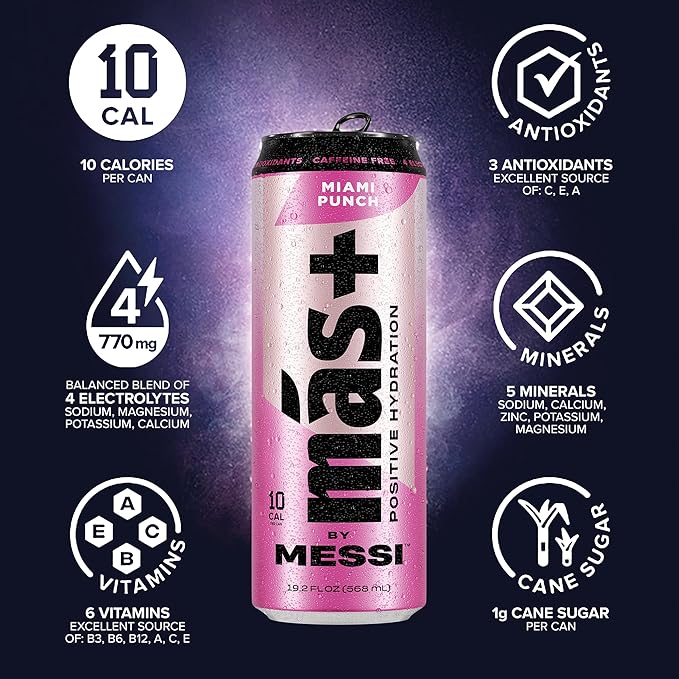 Más+ By Messi 19.2oz Miami Punch Sports Drink &amp Hydration Beverage Natural Flavors with Vitamins and Electrolytes No Artificial Sweeteners or Colors 12-pack