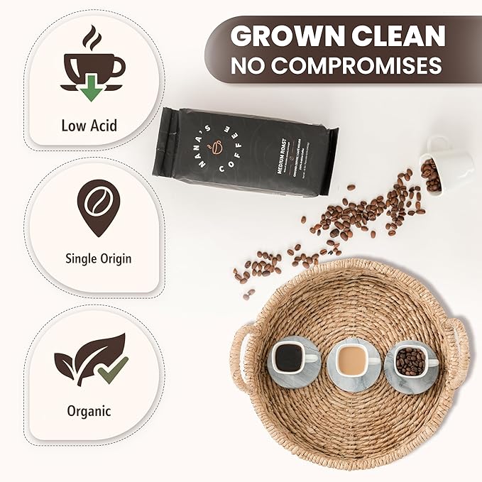 Nana’s Coffee Low Acid Organic Coffee Beans 12 Oz (Pack of 3) Single Origin Dominican Republic Smooth &amp Stomach Friendly Medium Roast