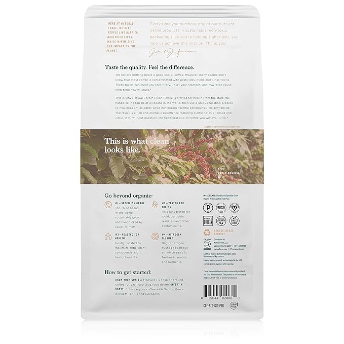 Natural Force - Organic Clean Coffee Classic Mold &amp Mycotoxin Free Lab Tested for Toxins &amp Purity Low Acidity Incredible Taste &amp Aroma Ground Medium Roast 10 oz