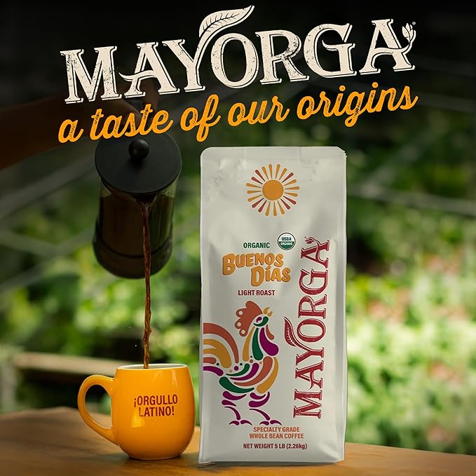 Mayorga Organic Coffee 5lb Buenos Dias - Light Roast Whole Bean Coffee Specialty Grade 100% Arabica Slow Roasted Citrusy and Sweet Flavor with Low Acidity - USDA Organic Non-GMO Kosher