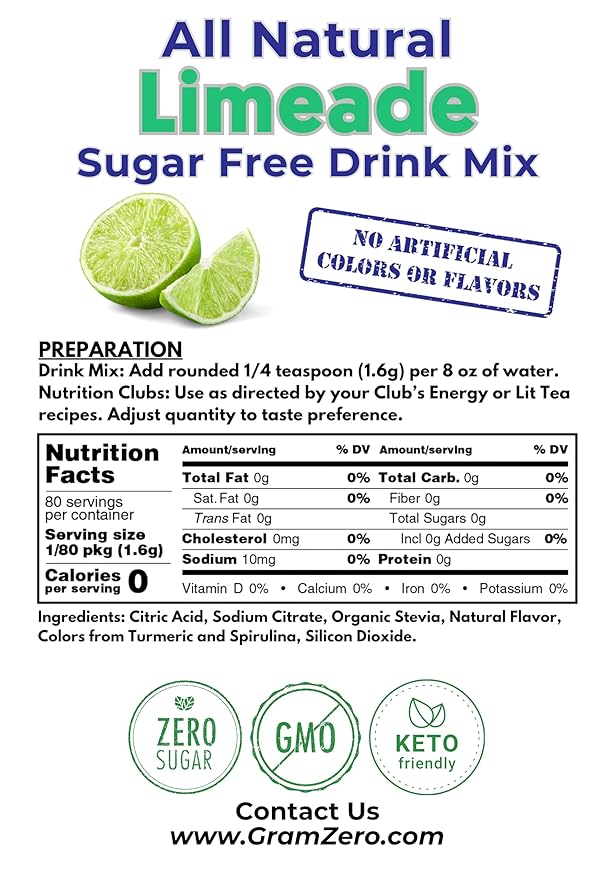 GramZero All Natural Limeade Zero Calorie Sugar Free Drink Mix Great For Nutrition Club Loaded Tea Stevia Sweetened