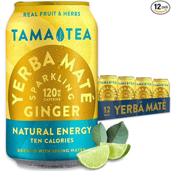 Organic Sparkling Ginger Yerba Mate Tea Unsweetened by Tama Tea - Sugar Free Energy Drink Alternative 120mg Natural Caffeine 12 oz (12-Pack)