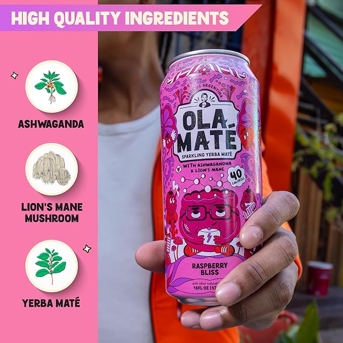 Yerba Mate Energy Drink - Low Sugar Sparkling Tea Cans with Ashwagandha Lion’s Mane USDA Organic Clean Energy Drink with 150mg Natural Caffeine Ola Mate Raspberry