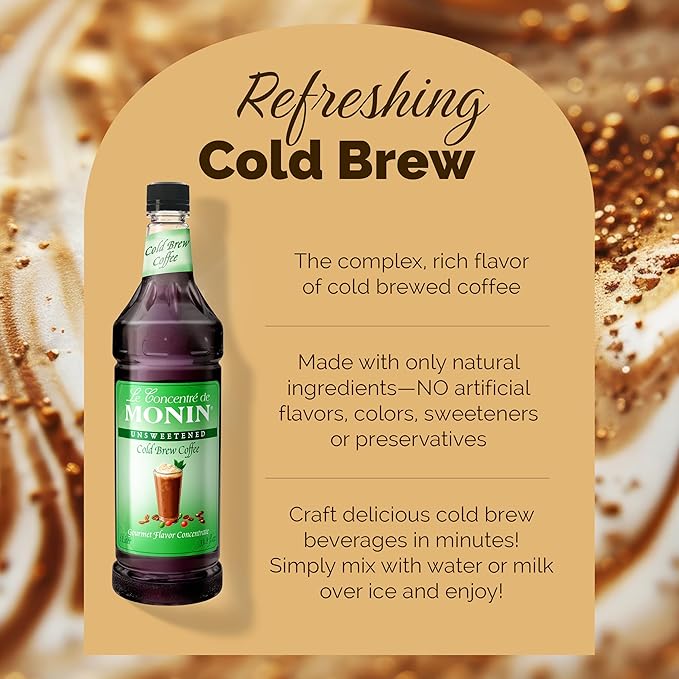 Monin - Premium Unsweetened Cold Brew Coffee Concentrate | Rich Espresso Flavor | Clean Label with No Artificial Flavors No Artificial Preservatives (BPA-Free Plastic Bottle 33.8 fl oz)