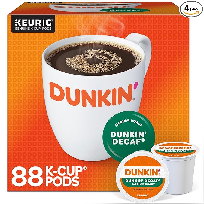 Dunkin' Donuts Decaf Keurig Single-Serve K-Cup Pods Medium Roast 22 Pods Per Pack Case Of 4 Packs