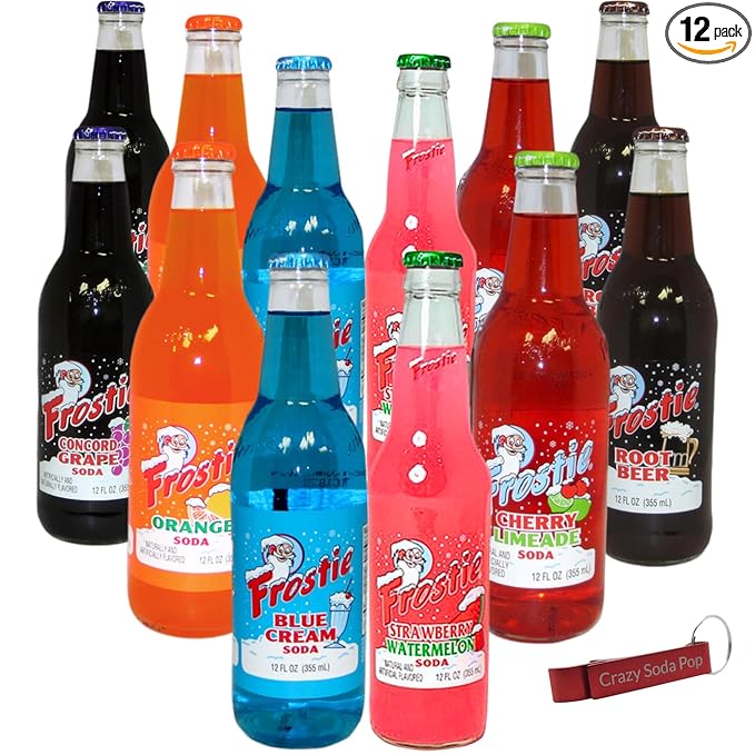 Frostie Variety Pack | 12 Pack of Frostie’s Most Popular Soda Flavors | Real Cane Sugar | 12 oz Glass Bottles in 12 Pack with Crazy Soda Pop Bottle Opener