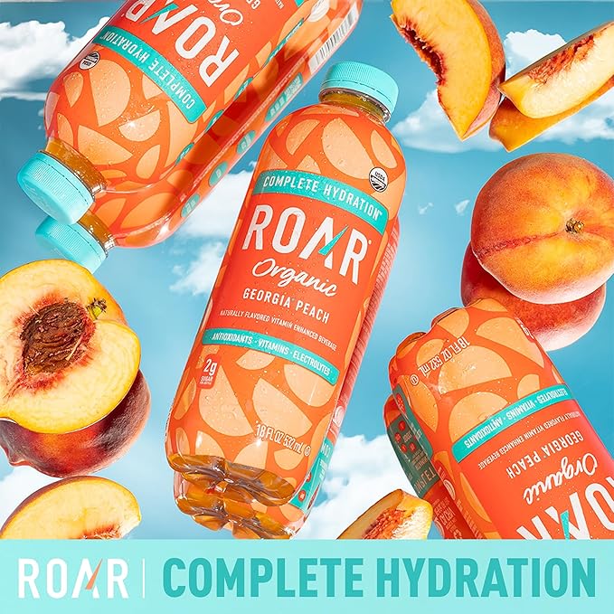 ROAR Complete Hydration Organic - Electrolyte Drinks Loaded with Vitamins C B5 B12 - Non-GMO Gluten-Free - Georgia Peach - 12 pc