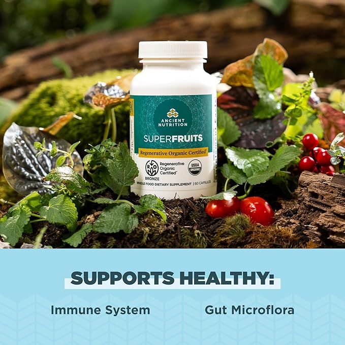 Ancient Nutrition Regenerative Organic Certified SuperFruits Capsules Supports Gut and Immune System Health Made with Probiotics Dragonfruit Mulberry and Goji 60 Count