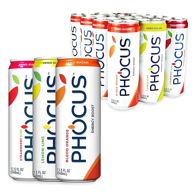 PHOCUS Energy Drink Variety Pack: Blood Orange Strawberry Kiwi &amp Lemon Lime 75mg Natural Caffeine Plus L-Theanine Zero Sugar Zero Calories No Artificial Sweeteners 11.5 fl oz Cans (Pack of