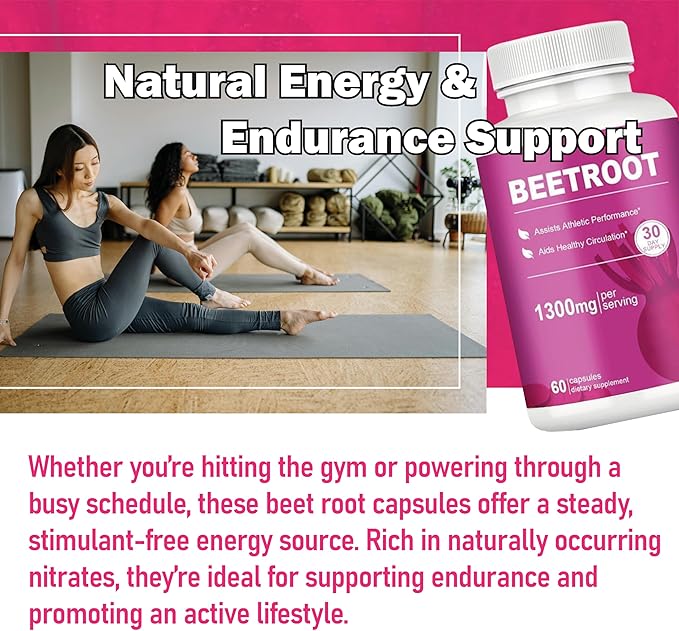 Beet Root Capsules – 1300mg Beetroot Powder for Natural Energy &amp Endurance Support Non-GMO 60 Capsules 30-Day Supply (1pc)