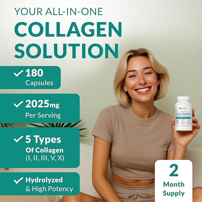 Multi Collagen 180 Protein Capsules - Type I II III V X Collagen Pills - Proprietary Blend of Eggshell Chicken Wild Fish &amp Grass-Fed Beef Collagen Peptides - 2025mg per serv