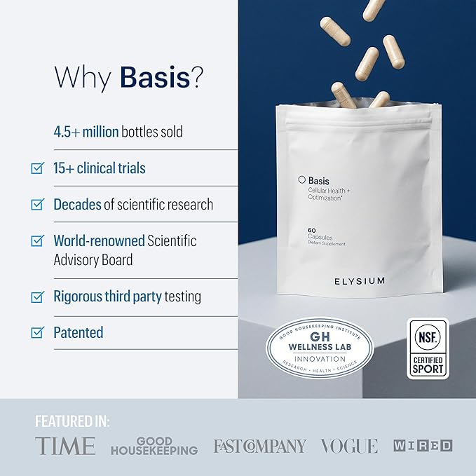 ELYSIUM Basis NAD Plus Supplement 30 Servings - with Nicotinamide Riboside 250mg and Pterostilbene 50mg - Healthy Aging Supplement &amp Cellular Energy