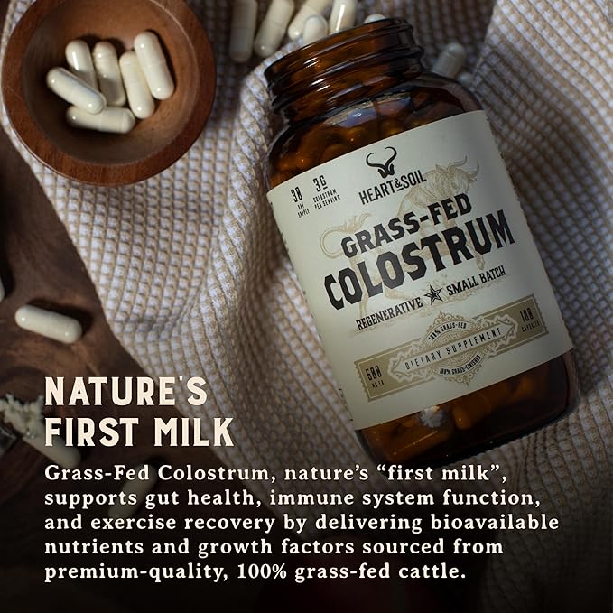 HEART &amp SOIL 100% Grass Fed &amp Finished Colostrum Supplement from Regenerative Cattle for Gut Muscle &amp Immune Health – 3000mg Bovine Colostrum Capsules - Gut Health for Men &amp Women –18