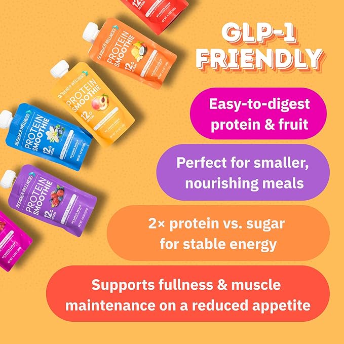 Designer Wellness Protein Smoothie Real Fruit 12g Protein Low Carb Zero Added Sugar Gluten-Free Non-GMO No Artificial Colors or Flavors Super Fruits Variety Pack 12 Count