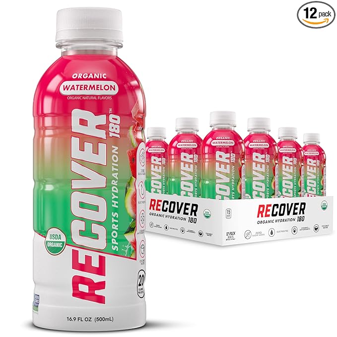 RECOVER 180 Organic Sports Hydration Drink No Sugar Added 20 Calorie Sports Beverage Organic Flavors With Vitamins Potassium-Packed Electrolytes (16.9 Fl Oz (Pack of 12) Watermelon)