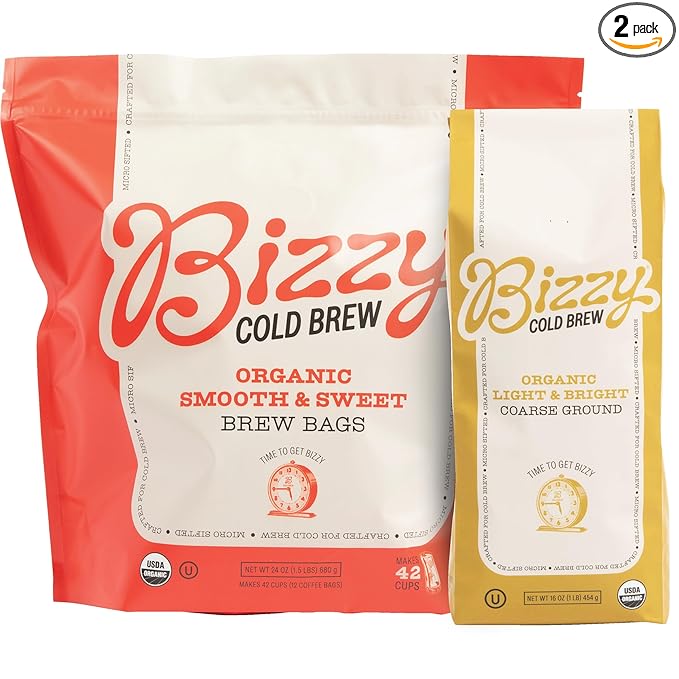 Bizzy Organic Cold Brew Coffee | Bundle | Coarse Ground Coffee | Light &amp Bright 1 LB + Smooth &amp Sweet Pitcher Pack 12-count | 2 Pack