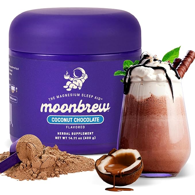 MoonBrew Nighttime Magnesium Coconut Chocolate Mix Natural Sleep Aid Drink Mix for Adults - Calming Melatonin-Free Sleep Support Powder with Magnesium Glycinate L-Theanine Chamomile &amp Zinc