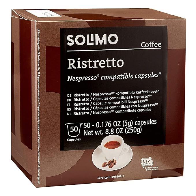 Amazon Brand - Solimo Ristretto Capsules Dark Roast Compatible with Original Brewers Pack of 1x50 Capsule (50 count)