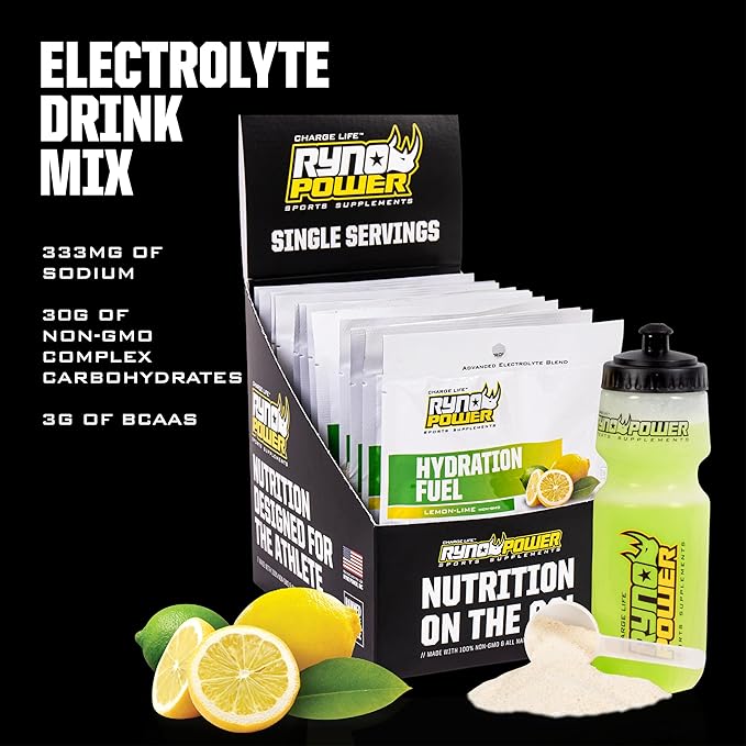 Ryno Power Hydration Fuel Electrolyte Drink Mix Single Caddy (12 Servings) 'Lemon Lime' - Advanced Electrolyte Formula + BCAA's - Gluten Free - Sustained Energy and Muscle Recovery