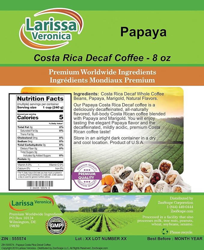 Papaya Costa Rica Decaf Coffee (Gourmet Naturally Flavored Whole Coffee Beans) (8 oz ZIN: 555574) - 3 Pack