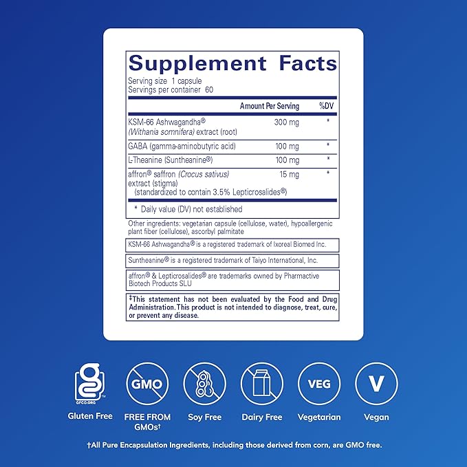Pure Encapsulations Daily Calm - Vegan Stress &amp Sleep Support Supplement - Contains Ashwagandha Saffron GABA &amp L-Theanine - Non-GMO Soy-Free &amp Gluten-Free - 60 Capsules