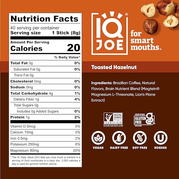 IQJOE Mushroom Coffee Packets (40 Servings) Lion’s Mane Magtein Magnesium Antioxidants Adaptogens - Toasted Hazelnut - Instant Coffee for Focus Clarity Mood Energy Boost - Sugar Free Vegan