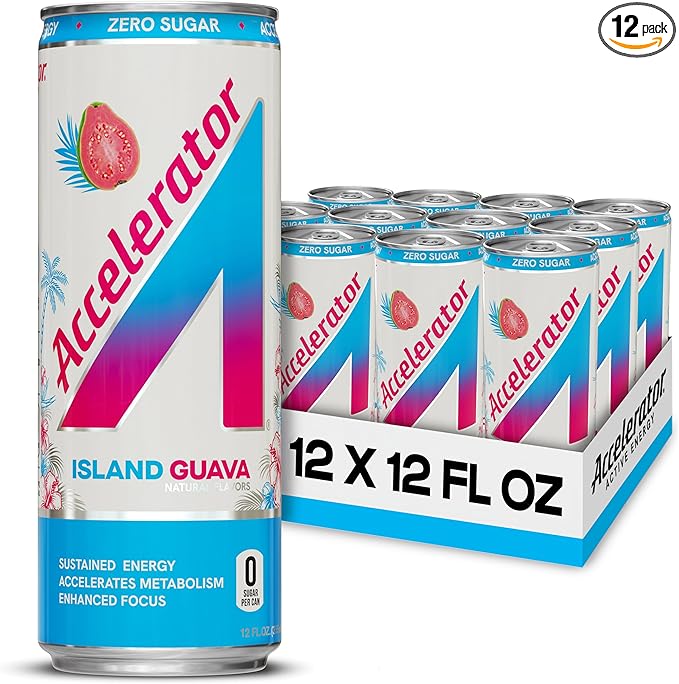Accelerator Energy Drink Island Guava 12oz can (12 pack) Zero Sugar Sustained Energy from 100% Natural Caffeine (200mg from Green Coffee Bean &amp Green Tea extract)