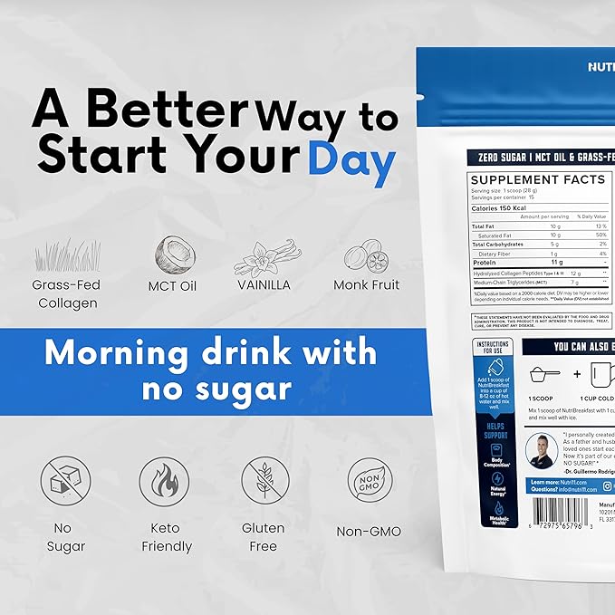 Nutri11 NutriBreakfast by Nutrillermo/Keto Protein Collagen Powder with MCT Oil/MCT Oil Powder with Collagen/Keto Collagen Peptides Powder with Grass-Fed Bovine Collagen Type I &amp III (15.9 Vanill