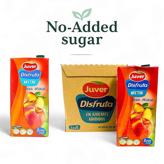 Juver Disfruta Sugar-Free Spanish Peach Fruit Drink 2 Liters (67.6 fl oz). Natural Peach Nectar No Added Sugars 6 Pack Box Delicious Healthy Nectar Drink – Made from Premium Sun-Dried Spanish Frui