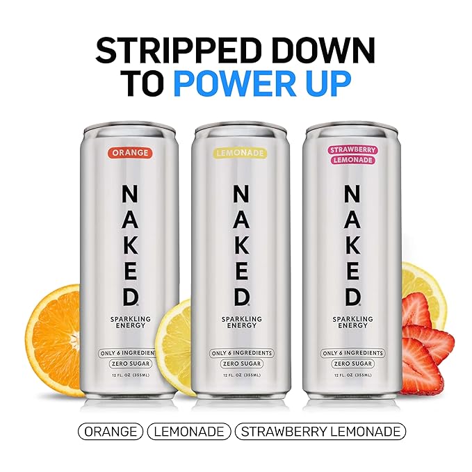 Naked Sparkling Energy Drink - Lemonade Organic Caffeine Organic Lemon Juice Zero Sugar No Sucralose Naturally Sweetened Clean Energy Drinks Vegan Gluten-Free Non-GMO - 12oz Cans (Pack of 12)