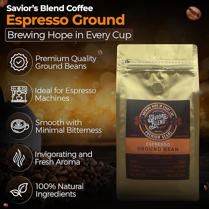 Savior's Blend Coffee Premium Espresso Ground Coffee Dark Roast Colombian-Ethiopian-Peruvian Blend 16 oz