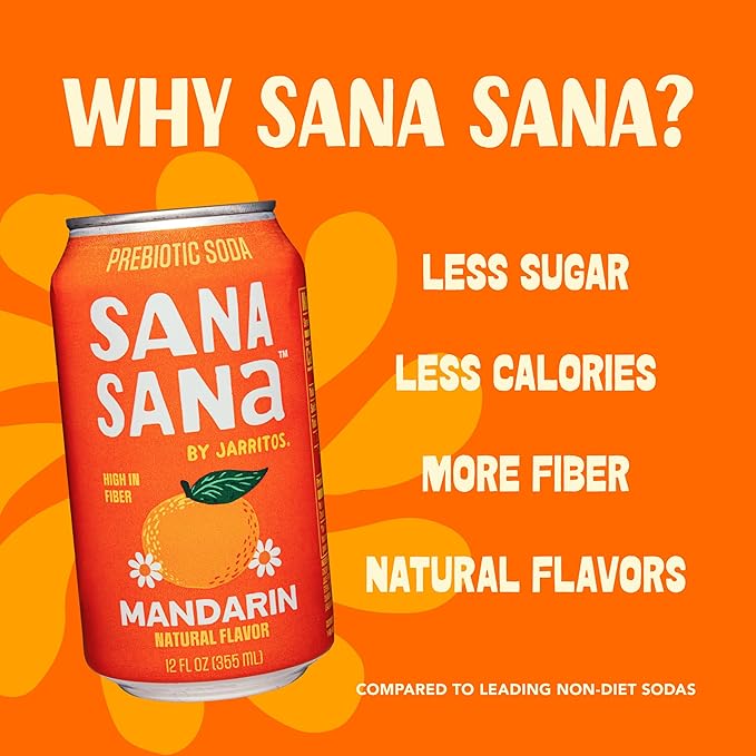 Sana Sana by Jarritos - Mexican Prebiotic Soda Soft Drinks Mandarin (12 oz 355ml) 12 Cans - 40 Calories 10g of Fiber - Low Sugar - Natural Flavor Soda Pop