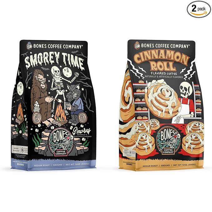 Bones Coffee Company S'morey Time and Cinnamon Roll 12 oz Ground Coffee Medium Roast Low Acid Coffee
