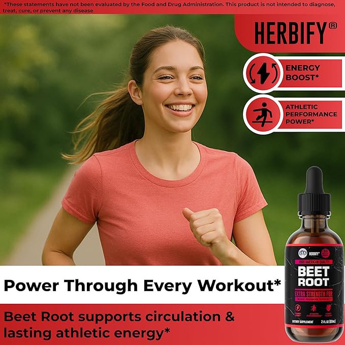 HERBIFY Beet Root Extract - Blood Pressure Supplement &amp Nitric Oxide Booster - Beetroot Supplement for Heart Health and Energy Booster for Men &amp Women (30 Days Supply) Made in USA 2 FL Oz