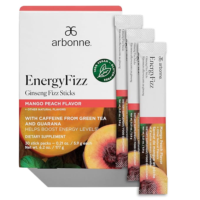 Arbonne Ginseng Energy Supplements - Peach Mango Flavor Fizz Sticks Energy Boost with Caffeine Powder from Guarana and Green Tea Delicious Alternative to Caffeine Pills