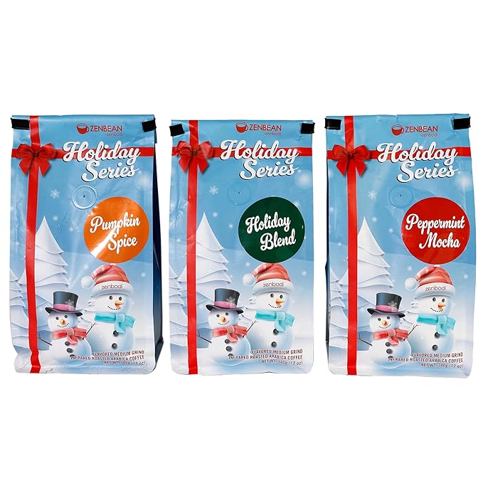 ZENBEAN Holiday Series Flavored Coffee Bundle - Pumpkin Spice Holiday Blend and Peppermint Mocha - Medium Grind Infrared Roasted Arabica Coffee Low Acid with Rhodiola Rosea and L-Theanine