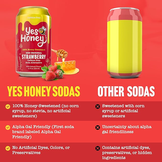 Yes Honey Soda Strawberry 11oz (12-Cans) 100% Honey-Sweetened Healthy Soda Alpha Gal Friendly Gluten Free Caffeine Free No Added Sugar