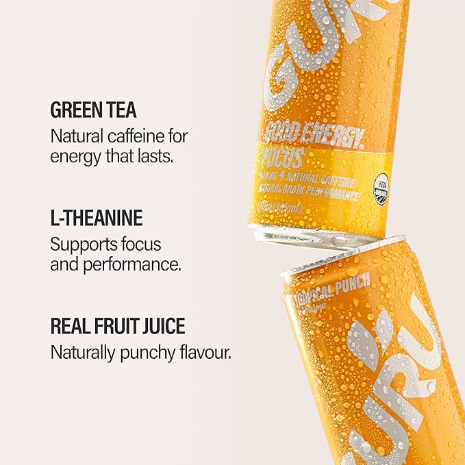 GURU Tropical Punch Organic Energy Drinks Clean Energy Drink with Plant Based Natural Caffeine from Green Tea + Focus with L Theanine Gluten Free 140MG Caffeine Healthy Drinks 12oz (Pack of 12)