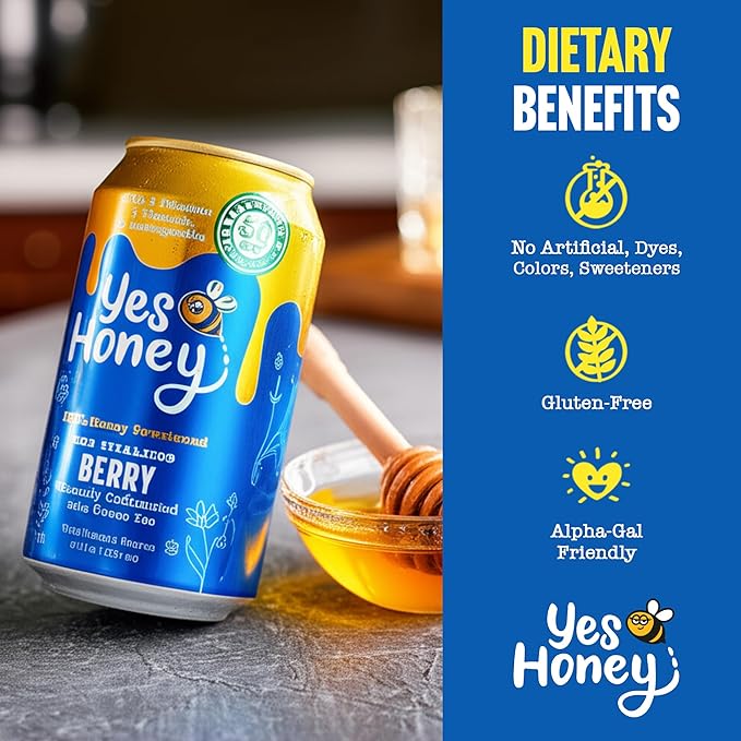 Yes Honey Sparkling Berry Tea 11oz (12-Cans) 100% Honey-Sweetened Functional Tea Alpha Gal Friendly With Green Tea Caffeine B Vitamins &amp Ashwagandha